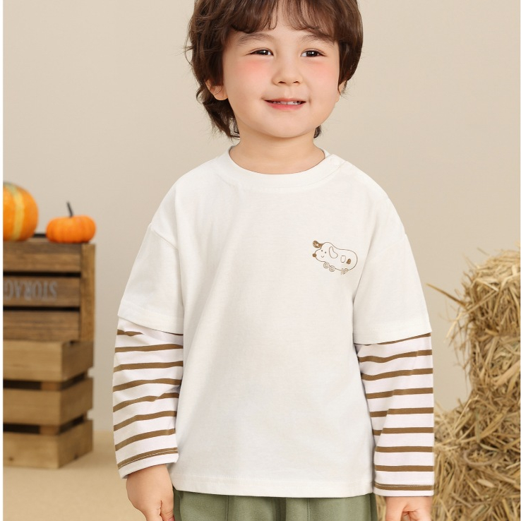 Áo phông dài tay phối sọc ngực thêu CUTEPANDA'S hình thú/khủng long siêu cute cho bé