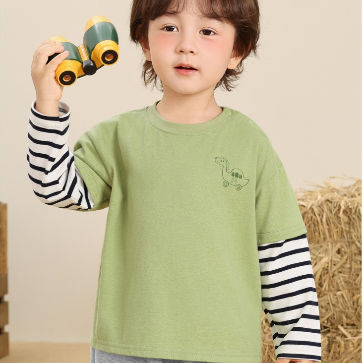 Áo phông dài tay phối sọc ngực thêu CUTEPANDA'S hình thú/khủng long siêu cute cho bé