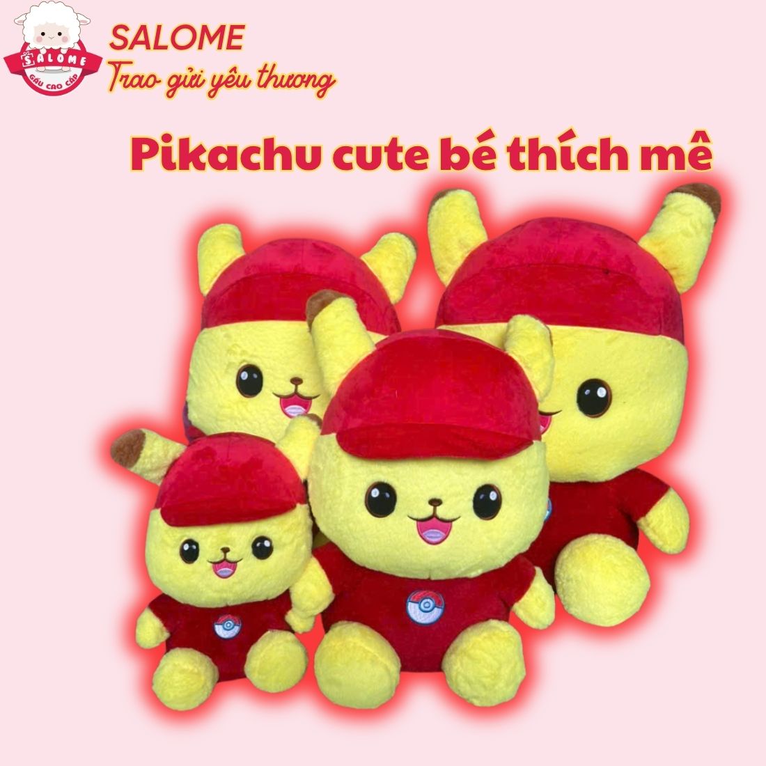 Gấu bông Pikachu ngồi đội nón đỏ
