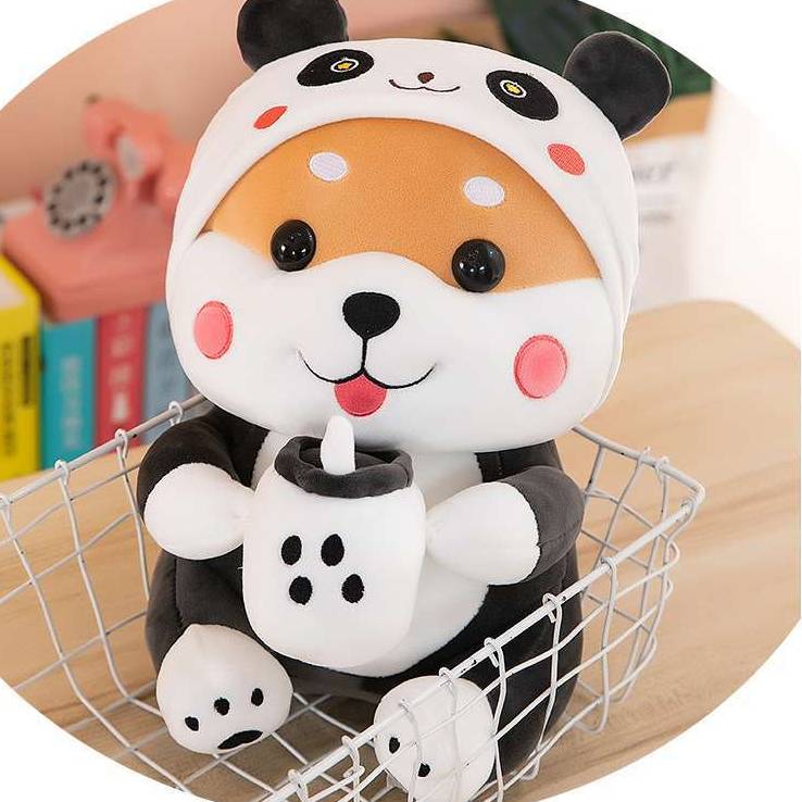Gấu bông Shiba cosplay trà sữa màu trắng, hồng