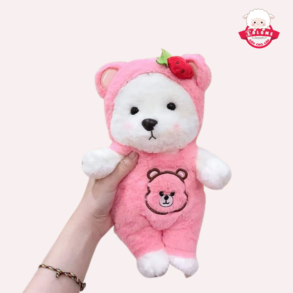 Gấu bông Lena cosplay gấu dâu, Teddy Dâu Mặc Áo Yếm 30cm SALOME tp HCM, Thú Teddy Cao Cấp