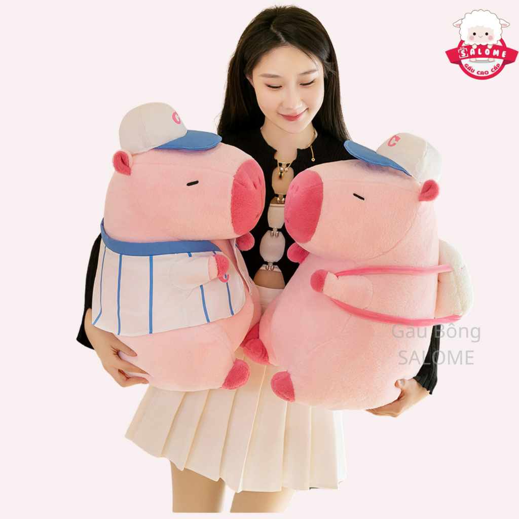 Gấu Bông Capybara Hồng Đeo Balo Mặc Áo Bóng Chày