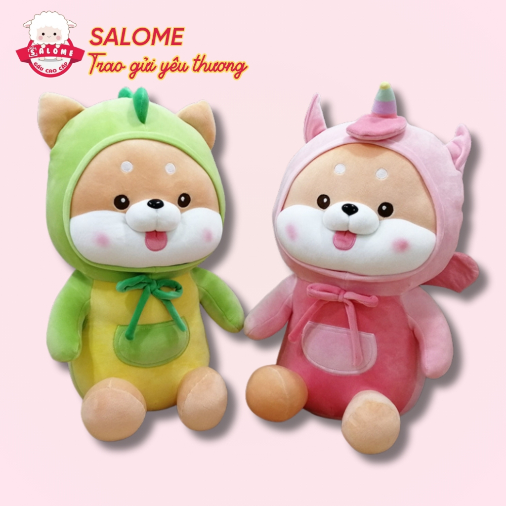 Gấu Bông Chó Shiba Cosplay Kỳ Lân Hồng Khủng Long Xanh SALOME, Thú Nhồi Bông Chó Cute