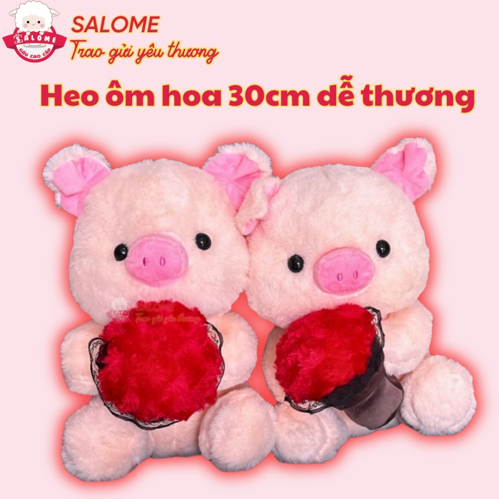 Gấu Bông Heo Hồng Ôm Hoa Mini 30cm SALOME, Thú bông heo ôm bông Cao Cấp Đồ Chơi Trang Trí Cho Bé