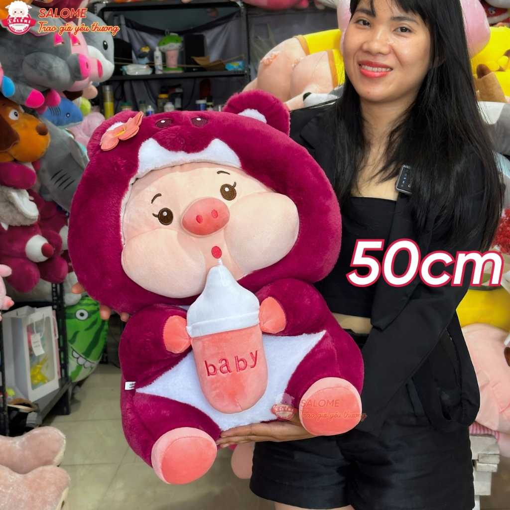 Gấu Bông Heo Cosplay Gấu Dâu Ôm Bình Sữa