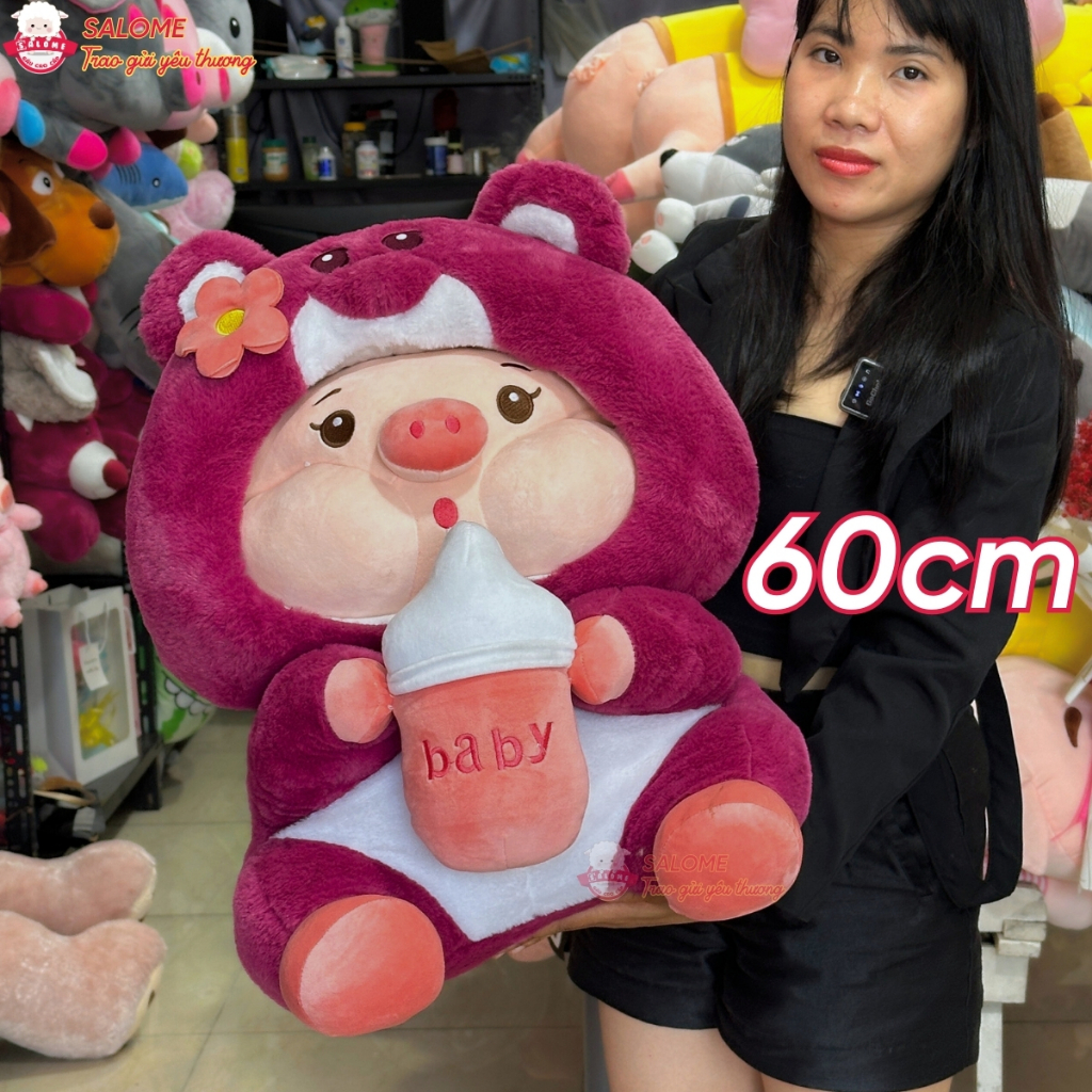 Gấu Bông Heo Cosplay Gấu Dâu Ôm Bình Sữa
