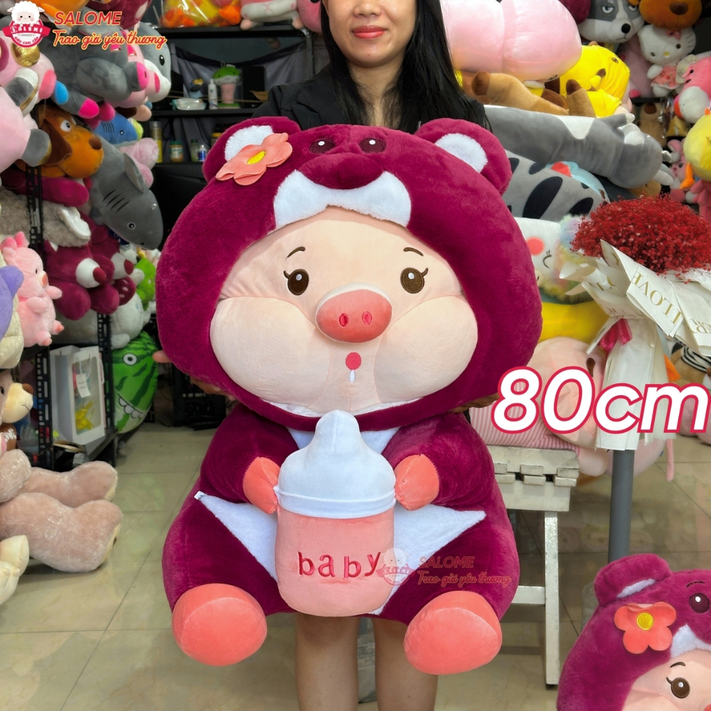 Gấu Bông Heo Cosplay Gấu Dâu Ôm Bình Sữa