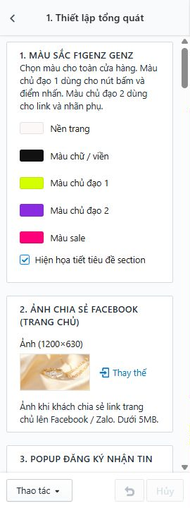 Thiết lập tổng quát và kết quả màu sắc, popup, tiện ích trên cửa hàng.