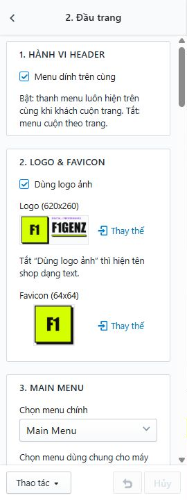 Thiết lập logo, menu, tìm kiếm, Wishlist và So sánh ở đầu trang.