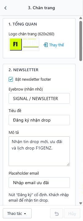 Thiết lập newsletter, thông tin doanh nghiệp, menu và chứng nhận ở chân trang.