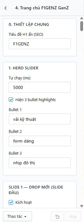 Thiết lập các khối trang chủ F1GENZ GenZ và kết quả hero slider ngoài cửa hàng.