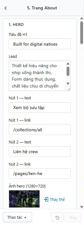 Thiết lập trang About và kết quả trang giới thiệu thương hiệu.