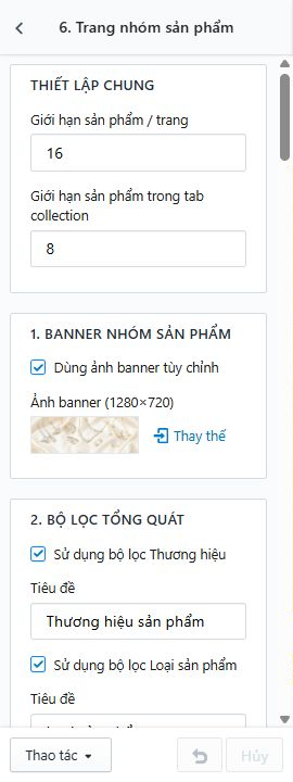 Thiết lập banner, lưới sản phẩm, bộ lọc và kết quả trang nhóm sản phẩm.