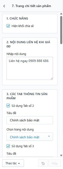 Thiết lập chức năng mua hàng, tab thông tin, sản phẩm liên quan và miễn phí ship.