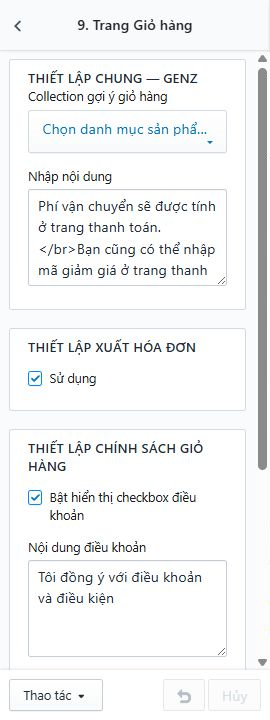 Thiết lập nội dung giỏ hàng, chính sách và trạng thái giỏ trống.