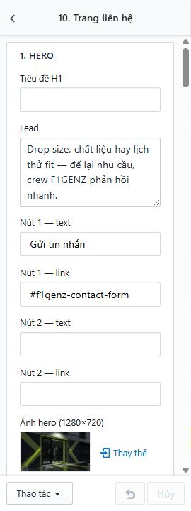 Thiết lập Hero, kênh liên hệ, form, ảnh, bản đồ và FAQ.