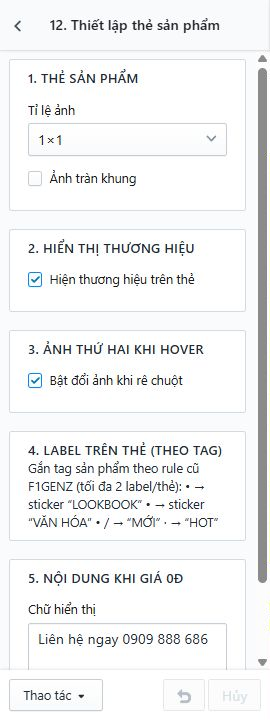 Thiết lập tỉ lệ ảnh, thương hiệu, ảnh hover và nhãn trên thẻ sản phẩm.