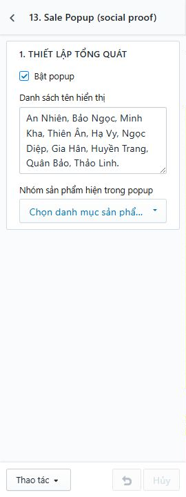 Thiết lập Sale Popup và vị trí hiển thị tiện ích social proof.