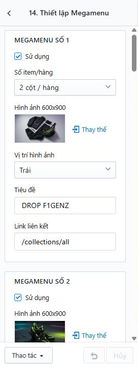 Thiết lập từng Megamenu 1–10 và kết quả menu nhiều cột ngoài cửa hàng.