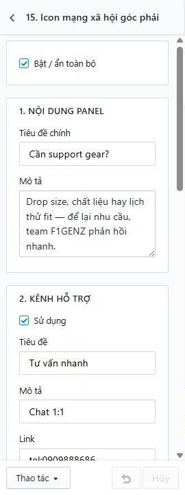 Thiết lập panel hỗ trợ và các kênh liên hệ nhanh ở góc phải.