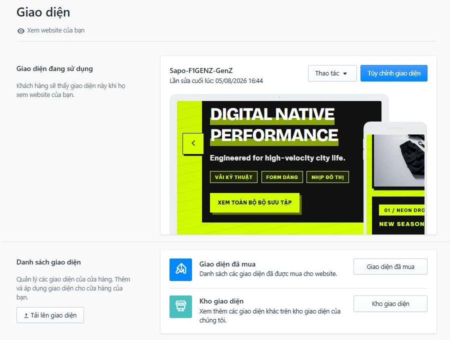 Đường dẫn Website → Giao diện và nút Tùy chỉnh giao diện trong Sapo.