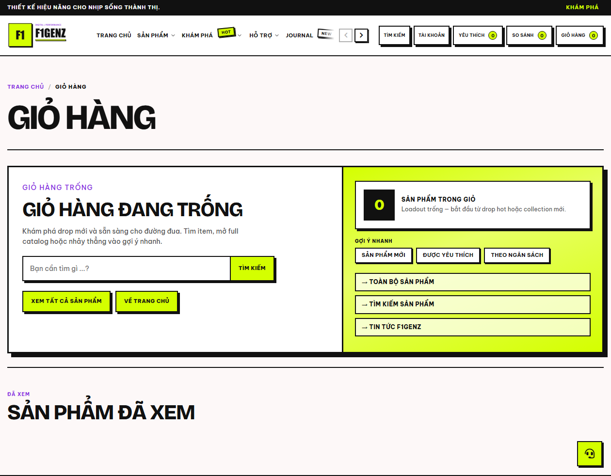 Kết quả toàn trang Giỏ hàng: trạng thái giỏ trống, gợi ý nhanh và sản phẩm đã xem.