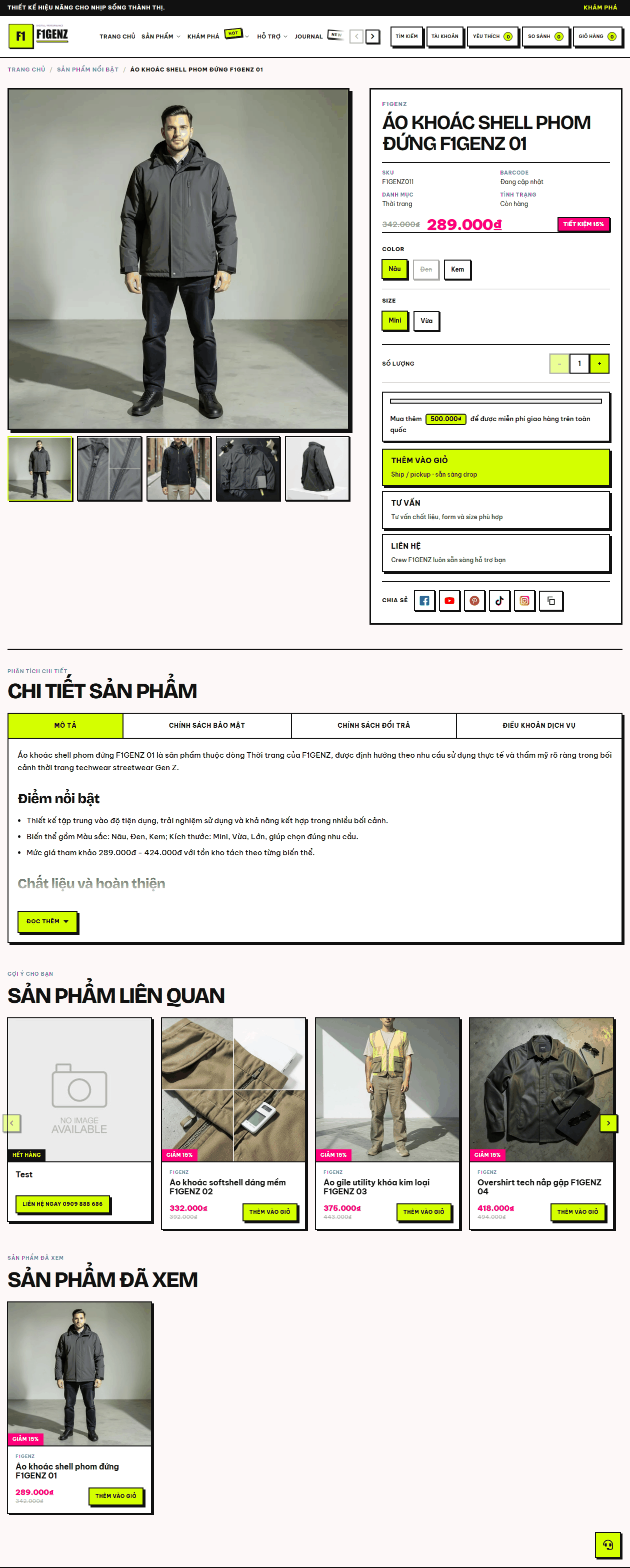 Kết quả toàn trang chi tiết sản phẩm: gallery, khu mua hàng, tab thông tin, sản phẩm liên quan và đã xem.