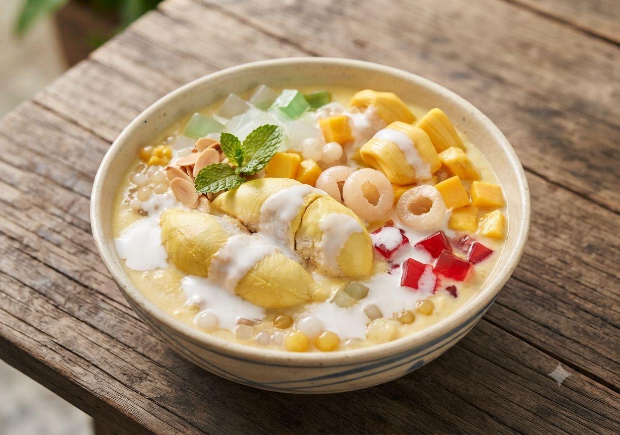 Chè sầu riêng với nước cốt dừa, cơm sầu riêng và topping