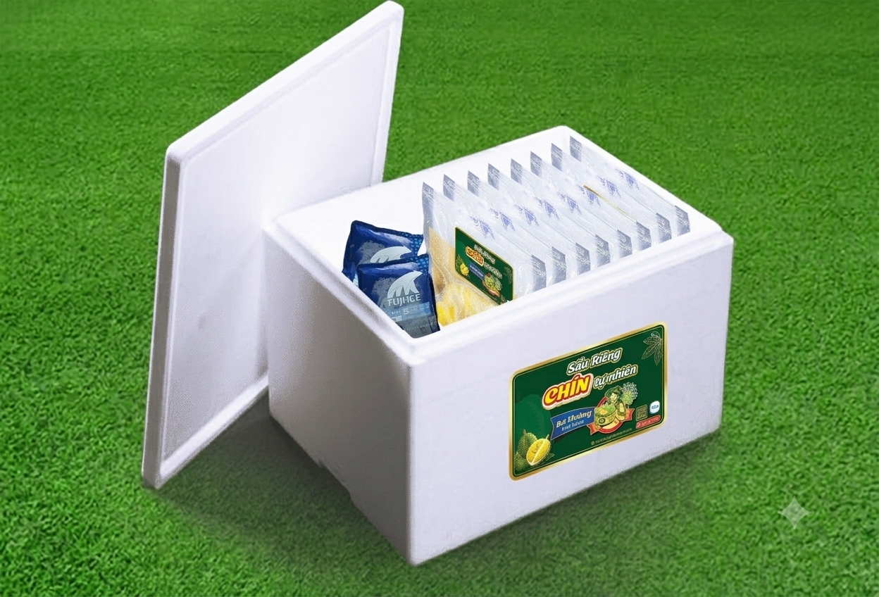 Thùng xốp bảo quản sầu riêng có đá khô để giữ được trọn vẹn hương vị nguyên bản