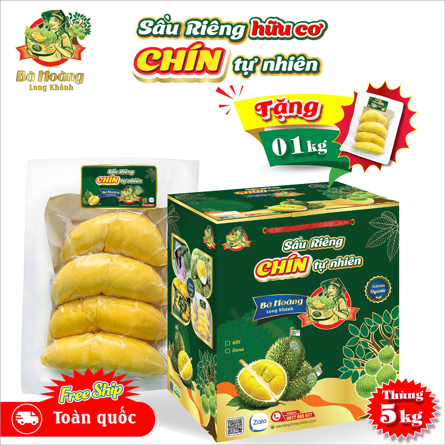 Cơm Sầu Riêng HỮU CƠ Chín Tự Nhiên l Bà Hoàng Long Khánh (Combo thùng 5kg - Tặng ngay 1kg)