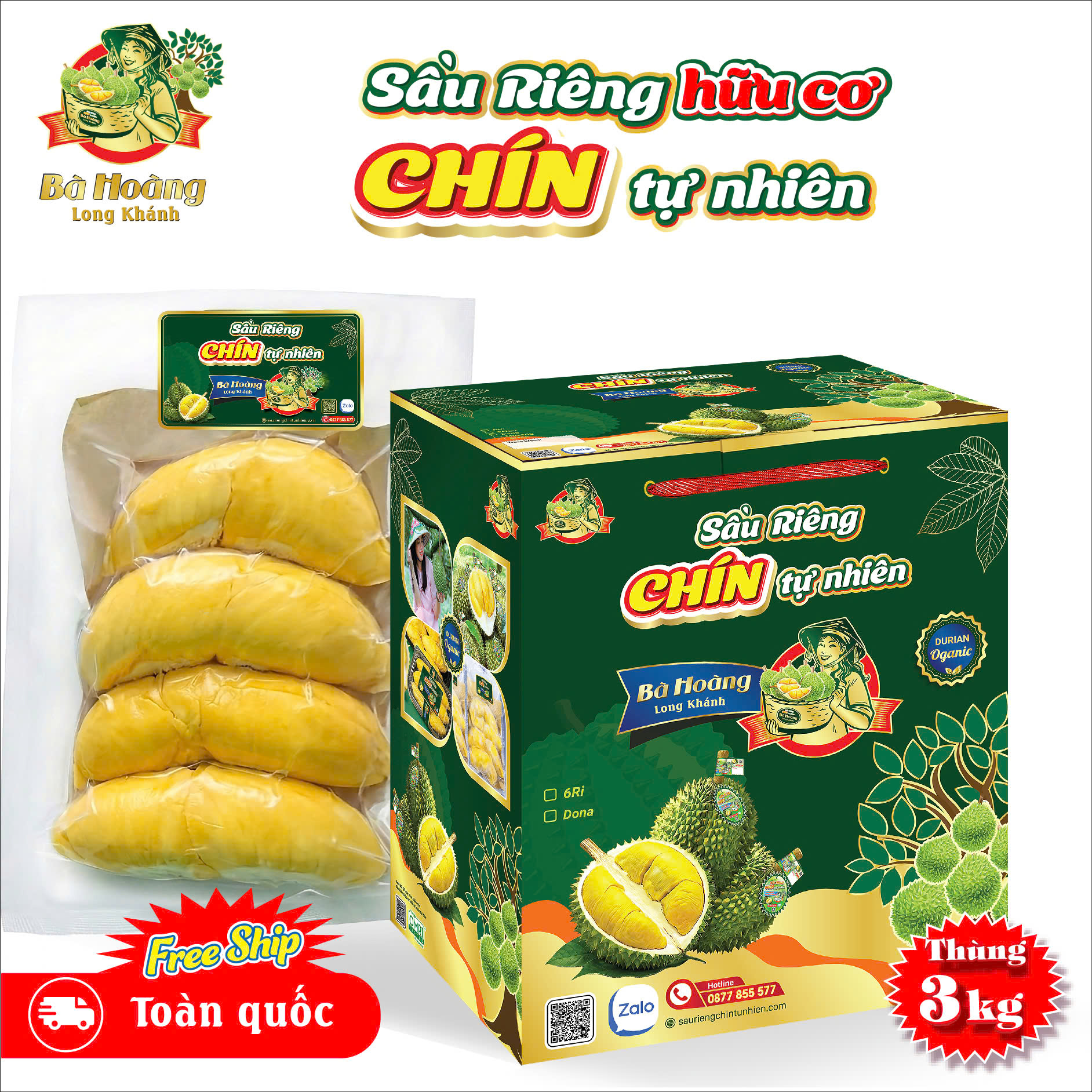 Cơm Sầu Riêng HỮU CƠ Chín Tự Nhiên l Bà Hoàng Long Khánh (Combo thùng 3kg)