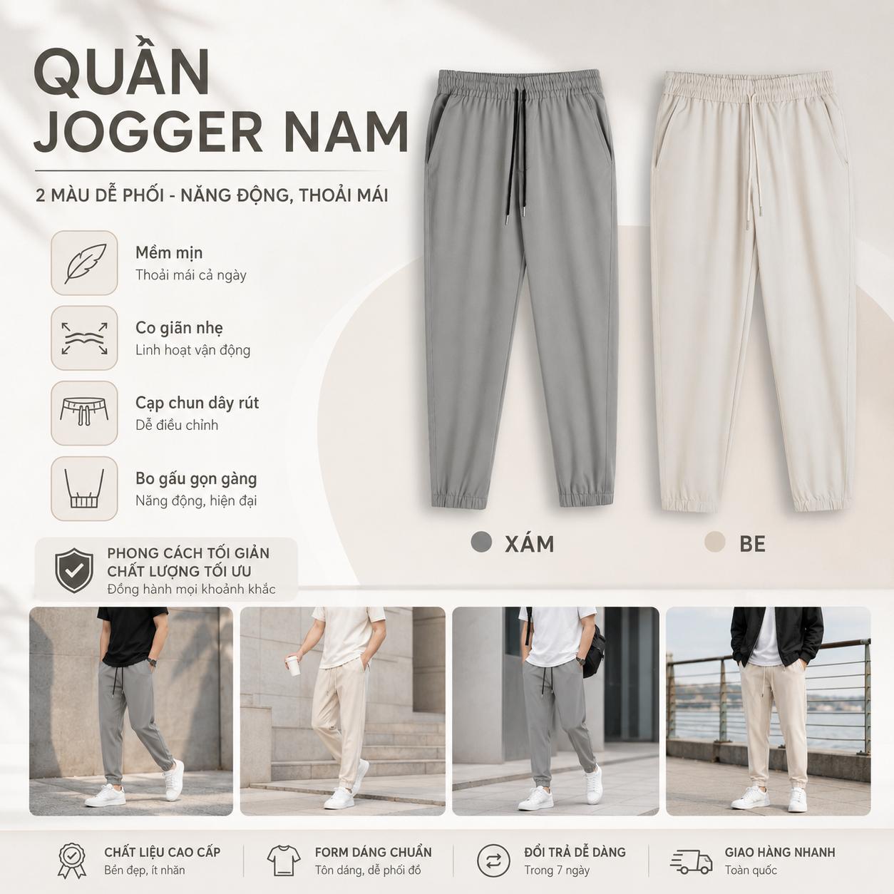Quần Jogger Nam Vải Gió Thể Thao Mềm Mịn, Co Giãn Nhẹ  Ống Jogger Bo Gấu Phong Cách Thể Thao Thoải Mái, Năng Động Q241