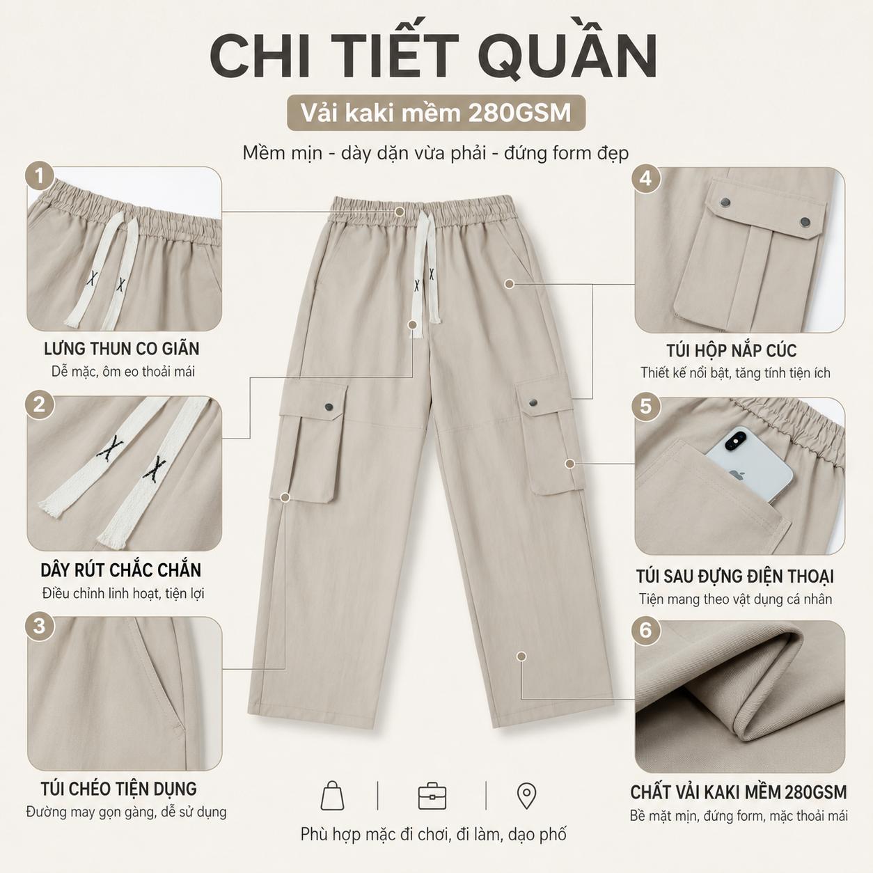 Quần Túi Hộp Dáng Suông, Quần Túi Hộp Vải KaKi Nam Nữ Phong Cách Đường Phố Đơn Giản Basic Q219 Menswear Pants Kaki