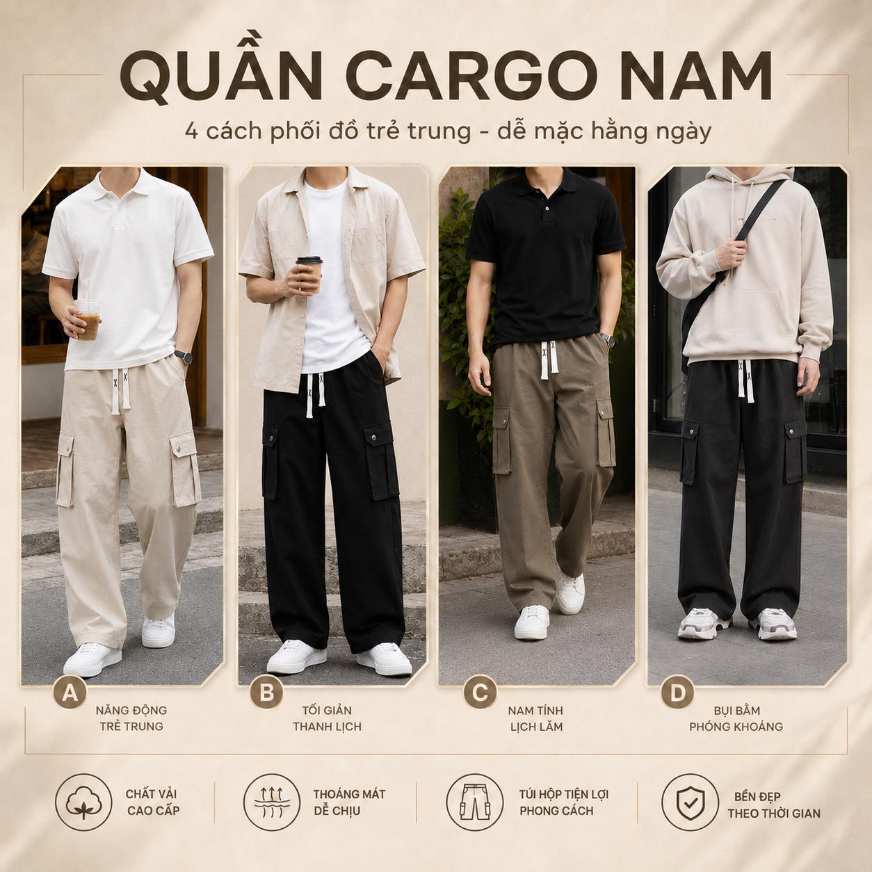 Quần Túi Hộp Dáng Suông, Quần Túi Hộp Vải KaKi Nam Nữ Phong Cách Đường Phố Đơn Giản Basic Q219 Menswear Pants Kaki