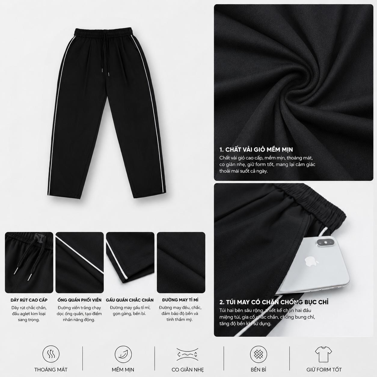 Quần Gió Thể Thao Mềm Mịn Co Giãn Nhẹ Dáng Baggy Quần Ống Suông Nam Nữ Unisex Cho Mùa Hè Q222 Màu Đen Kaki Nâu Be