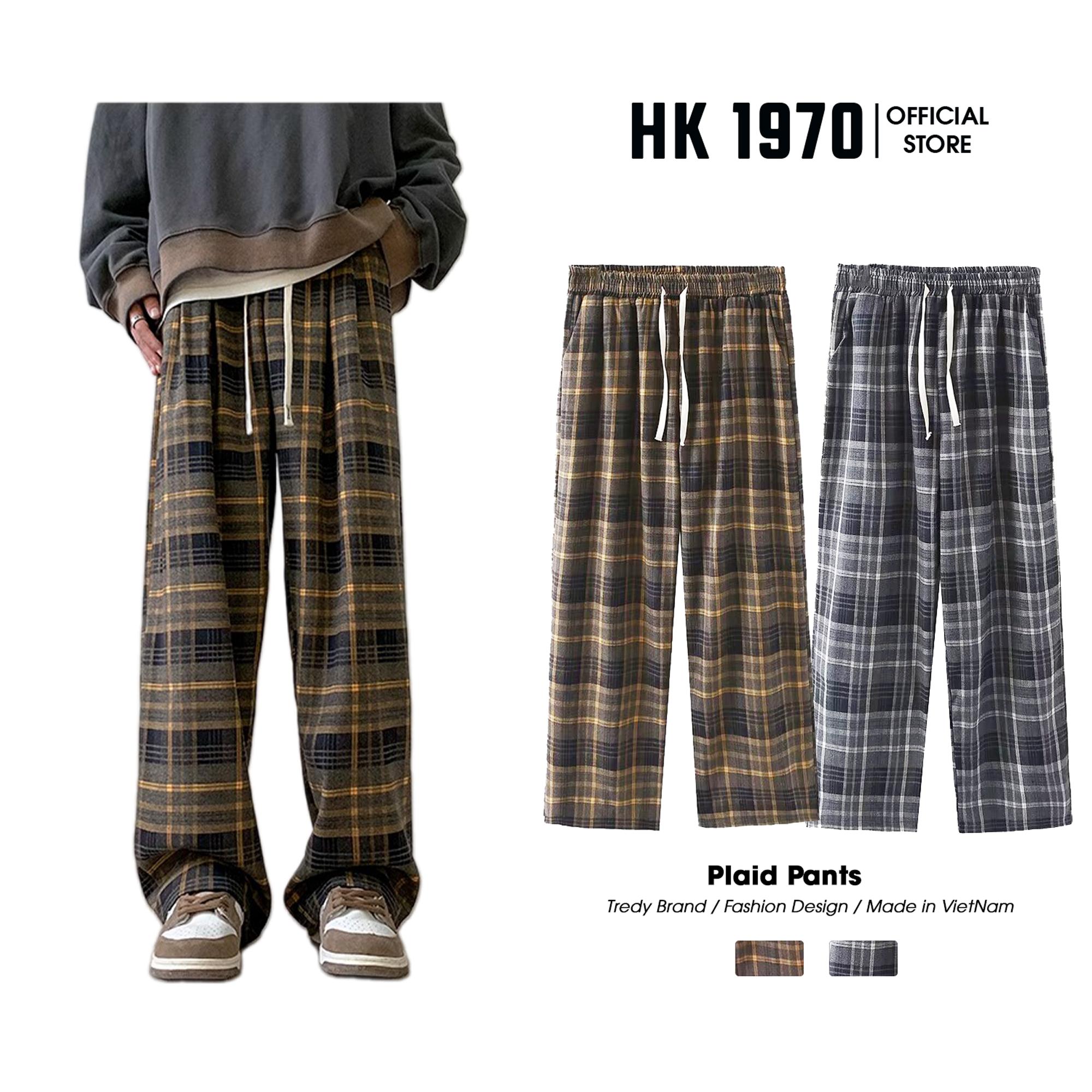 Quần Ống Rộng Xếp Ly Kẻ Sọc Caro Chất Dạ Dày Dặn Lưng Cao Nam Nữ Cạp Chun Hack Dáng HK1970 Q185 Menswear Pants Ong