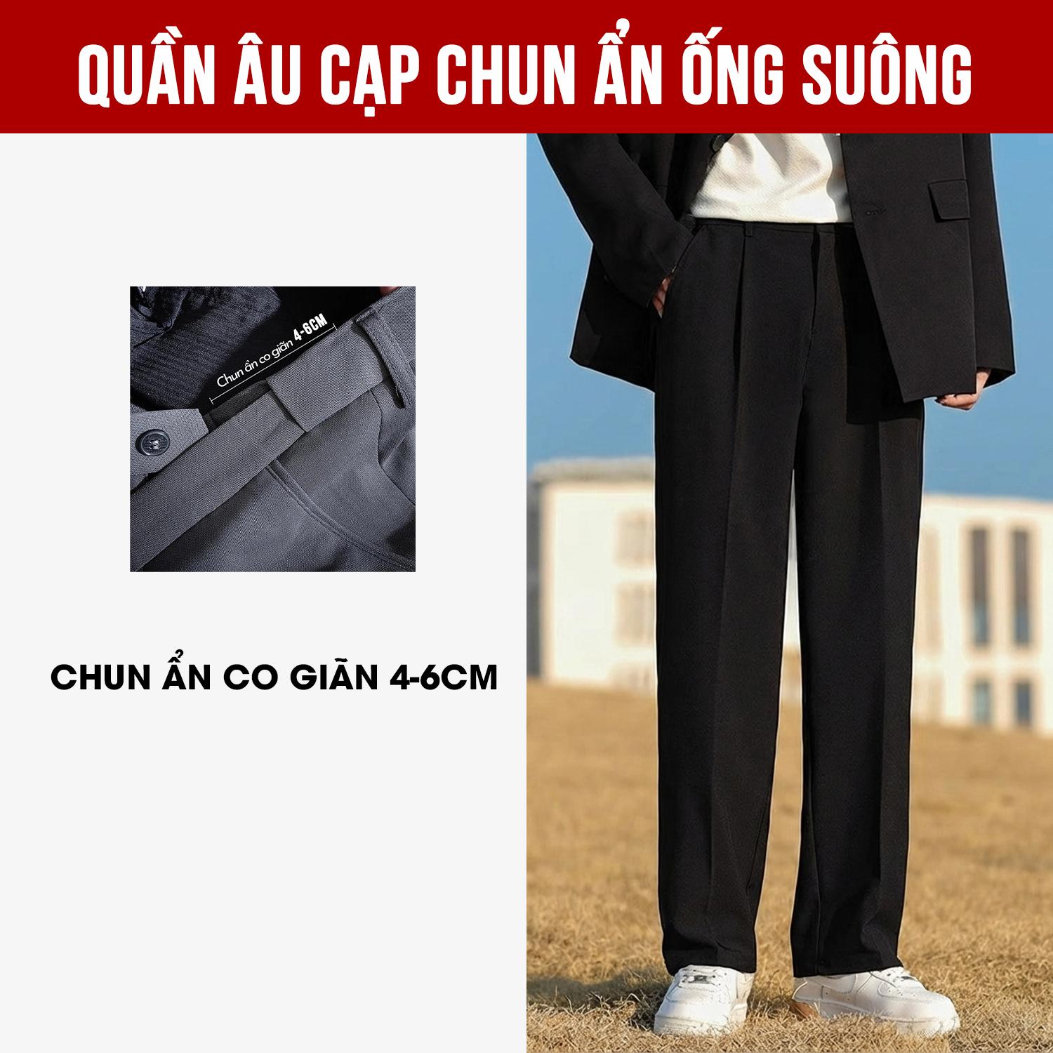 Quần Tây Nam, Quần Âu Nam Vải Cotton Hàn Dáng Quần Ống Suông Rộng Trơn Q087 Menswear Pants Đen Ong dịp Thông thường Có Túi