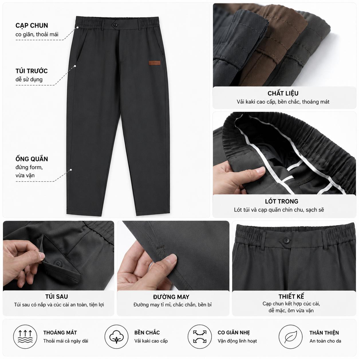 Quần Kaki Nam Dáng Ống Đứng Cạp Chun 80% Vải Kaki Đài Mềm Mịn Co Giãn Nhẹ Ống Suông Form Regular Phong Cách Trẻ Trung Năng Động Q246