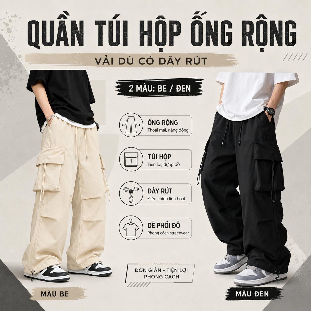 Quần Ống Rộng Nam Nữ Có Dây Rút Unisex, Quần Túi Hộp Vải Dù Phong Cách Hiphop Đường Phố Q130 Nam Menswear Pants Đen Trắng