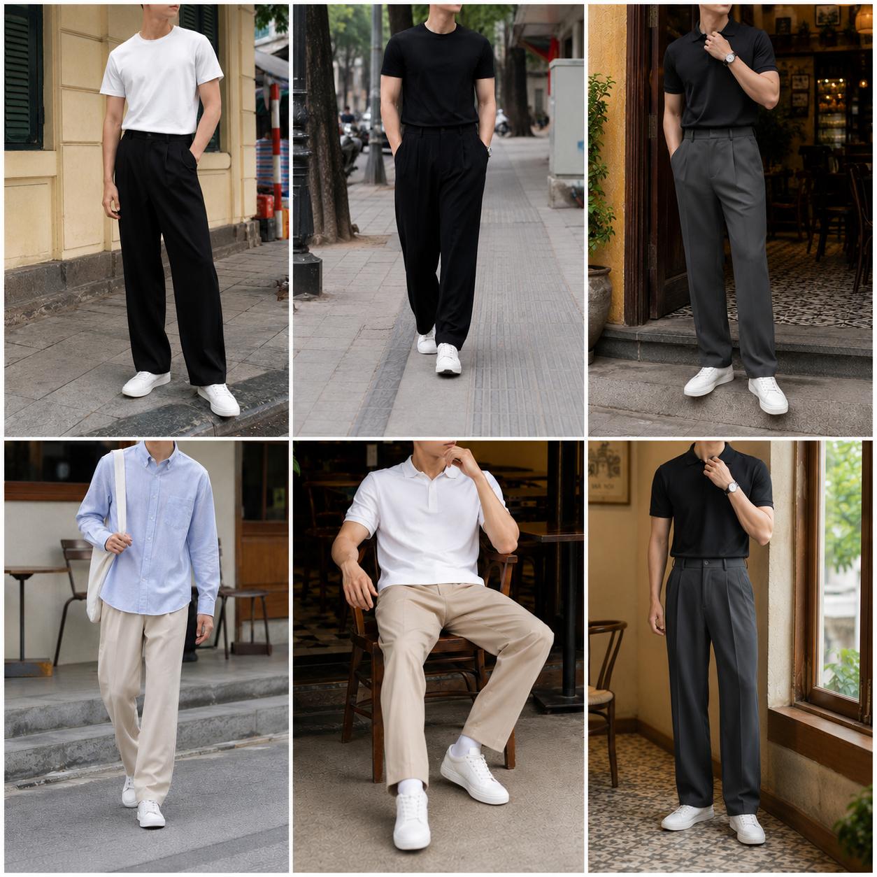 Quần Tây Nam, Quần Âu Nam Vải Cotton Hàn Dáng Quần Ống Suông Rộng Trơn Q087 Menswear Pants Đen Ong dịp Thông thường Có Túi