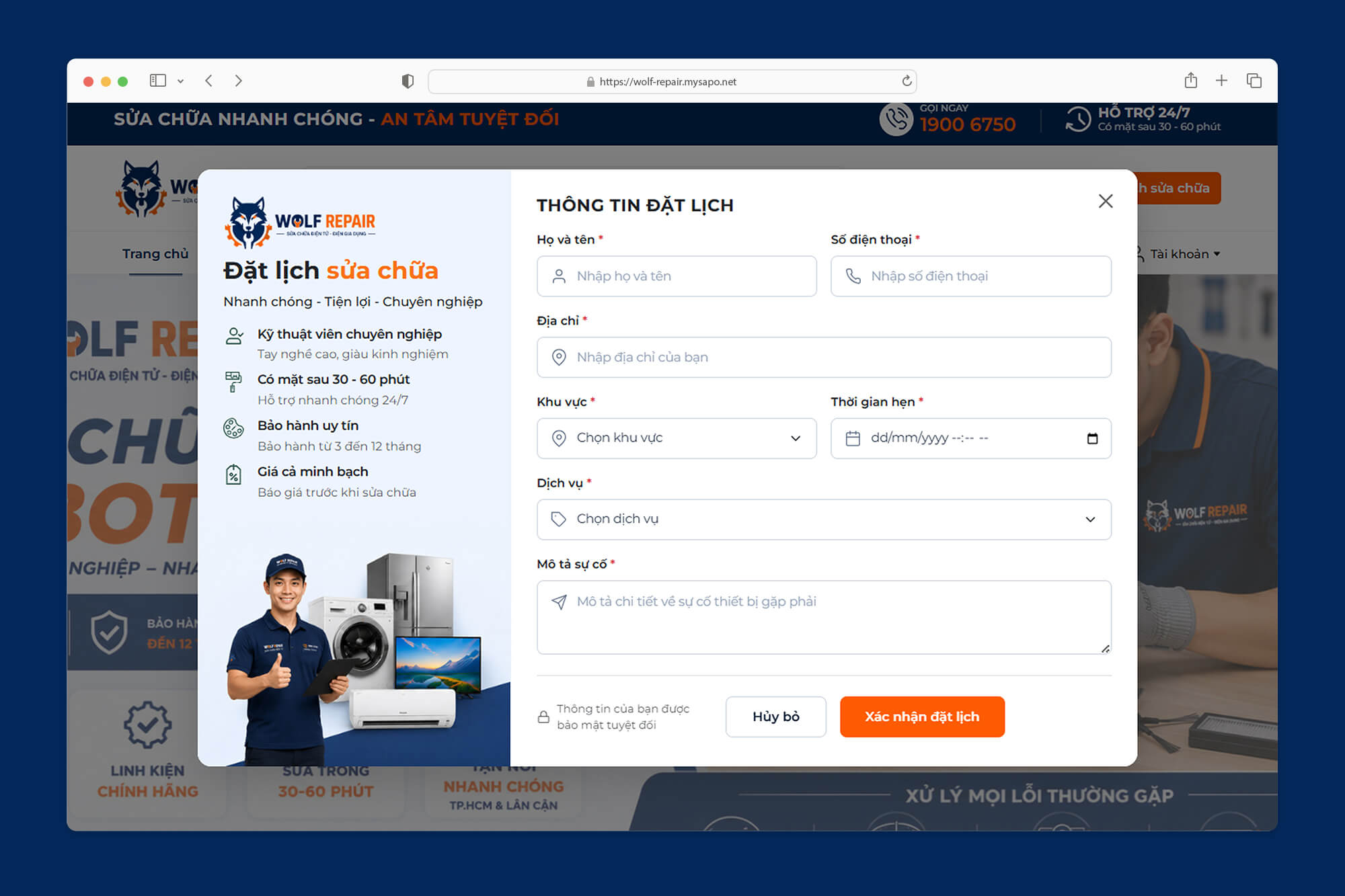 Popup đặt dịch vụ