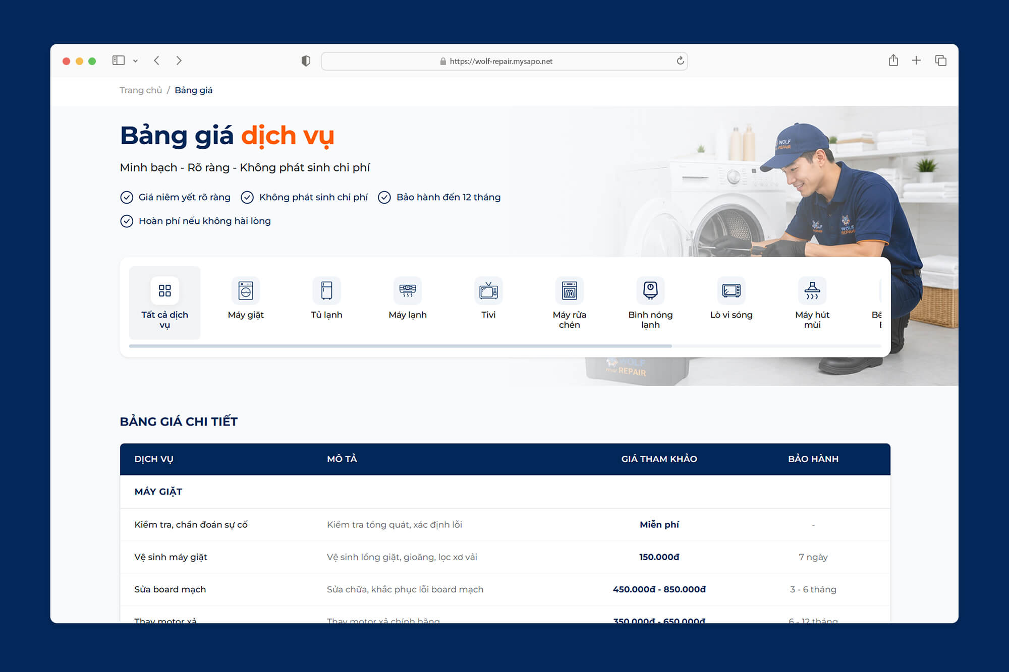 Bảng Giá Dịch Vụ Tích Hợp Tab AJAX Trực Quan