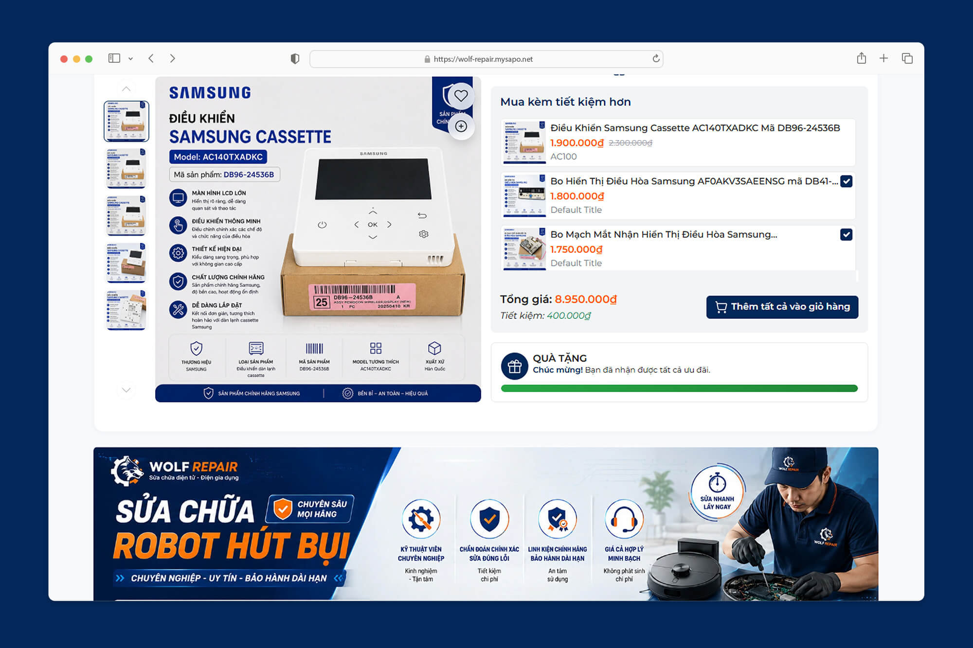 Ưu đãi đặc biệt, và hiển thị đã nhận được quà tặng khi mua đủ giá trị đơn hàng