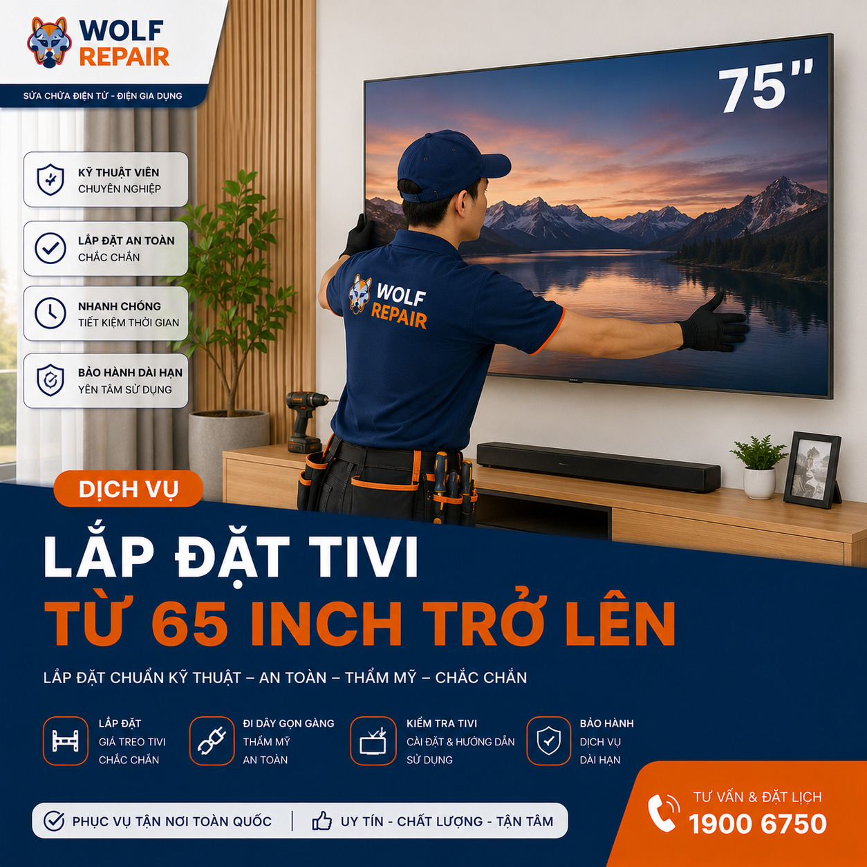 Lắp đặt Tivi từ 65 inch trở lên
