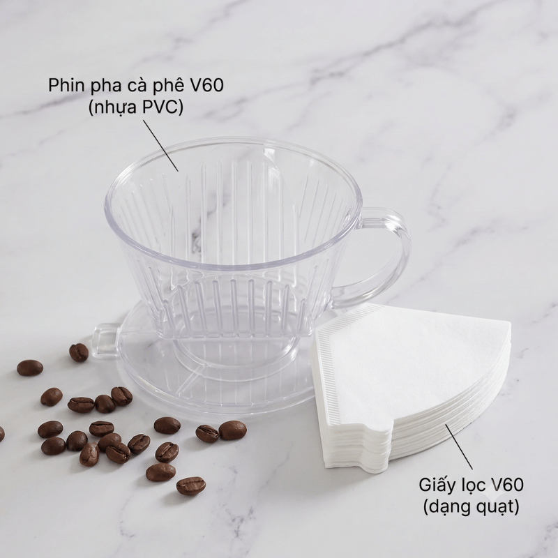 COMBO PHA CÀ PHÊ V60 (PHIN + 100 GIẤY)	NHỎ QUẠT PVC TRẮNG