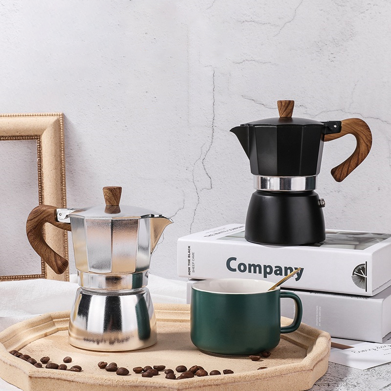 Bình Pha Cà Phê Seiko Moka Kiểu Ý – Hợp Kim Nhôm Dày, Tay Cầm Vân Gỗ Cao Cấp 150ml-300ml