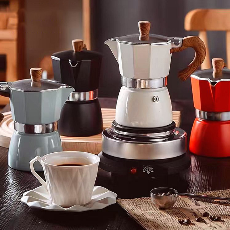Bình Pha Cà Phê Seiko Moka Kiểu Ý – Hợp Kim Nhôm Dày, Tay Cầm Vân Gỗ Cao Cấp 150ml-300ml