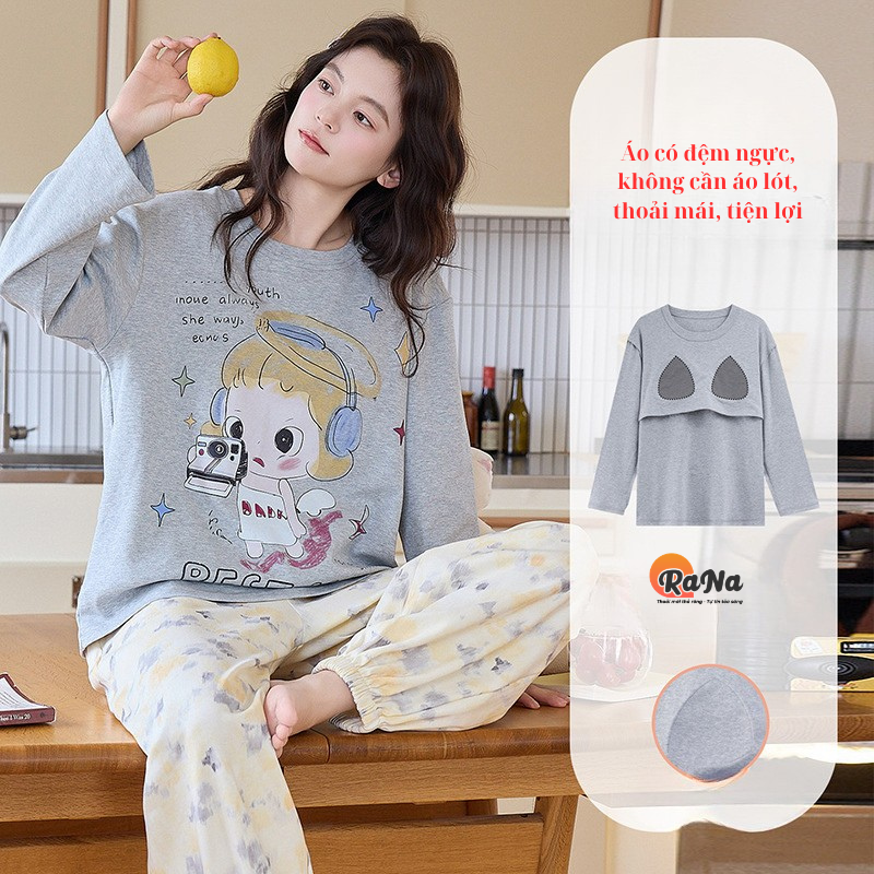 Bộ đồ mặc nhà thu đông thun coton cao cấp cổ tròn