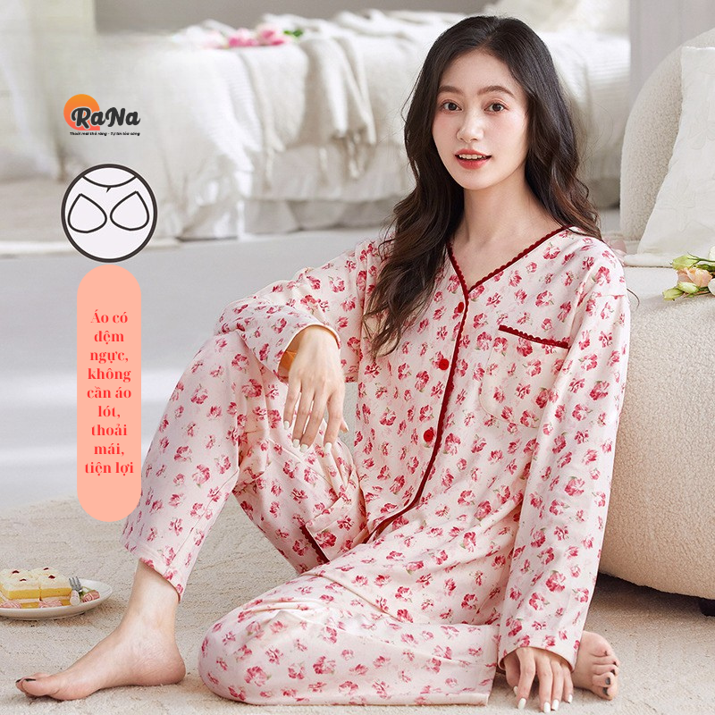 Bộ pijama thu đông cài nút có sẵn đệm ngực