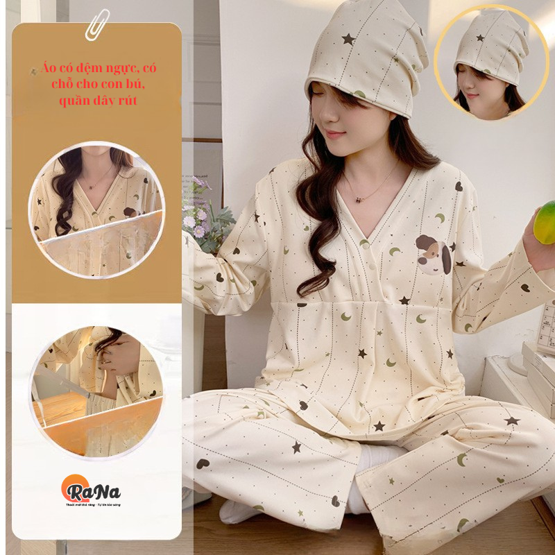 Bộ pijama ngủ cho mẹ bầu bỉm có chỗ cho con bú tặng kèm mũ